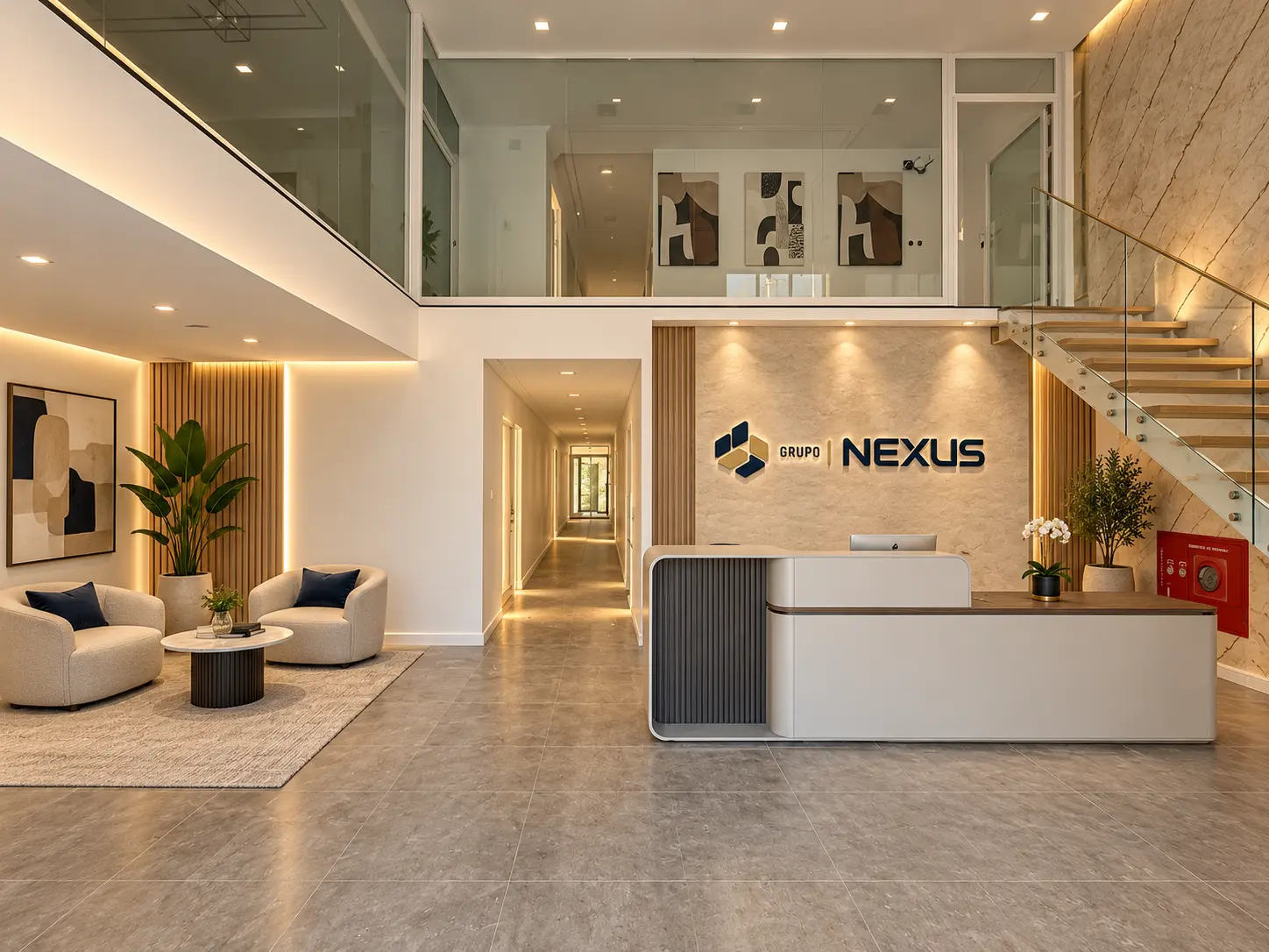 Recepção do Grupo Nexus com balcão, zona de espera e identidade institucional